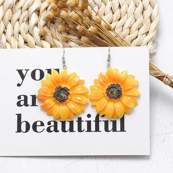 

japan and south korea net red summer daisy sunflower earrings, Silver