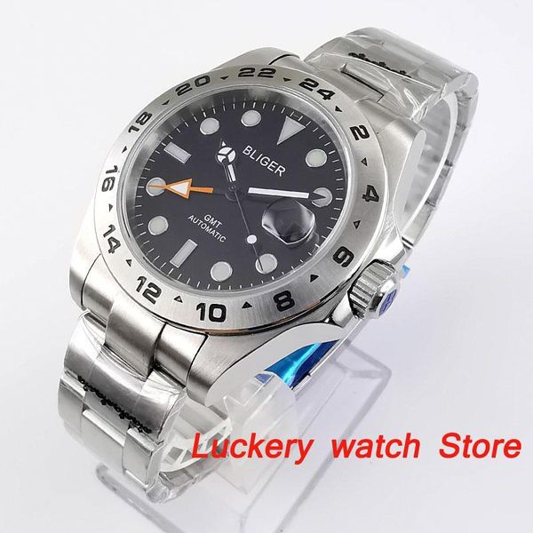 

bliger 43mm luxury men watch black dial sapphire glass luminous display gmt function automatic winding movement wristwatches, Slivery;brown