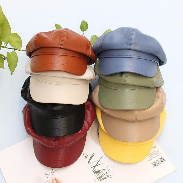 

beanies autumn winter hat women leather octagonal cap beret casual british