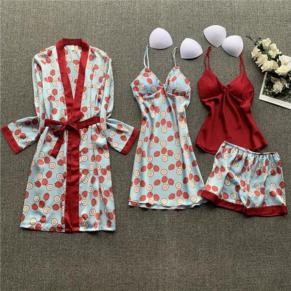 

pajamas pijama mujer 4 piece womens sleepwears set pyjama pajama sets sleep lounge with chest pads home wear, Black;red