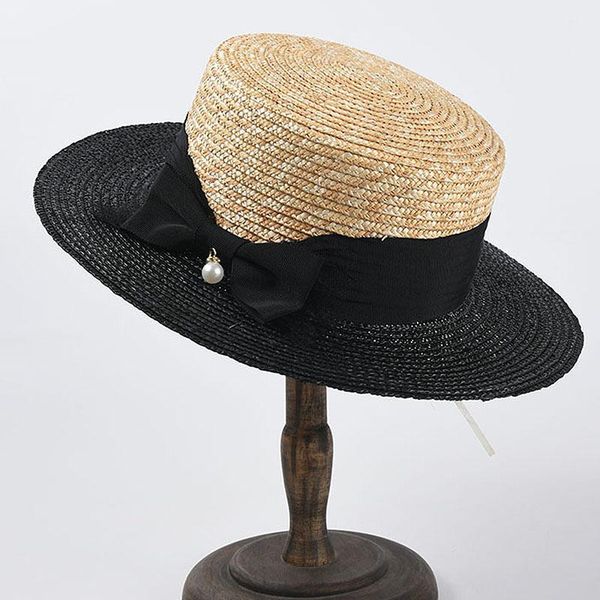 

women's summer hat black beige sun protection cap female flat wide brim bow pearl pendant straw beach hats, Blue;gray