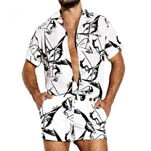 Yaz Erkekler Tulum Şort Pantolon Streetwear Baskı Kısa Kollu Plaj Hawaii Playsuits Düğme Rahat Erkekler Tulumlar