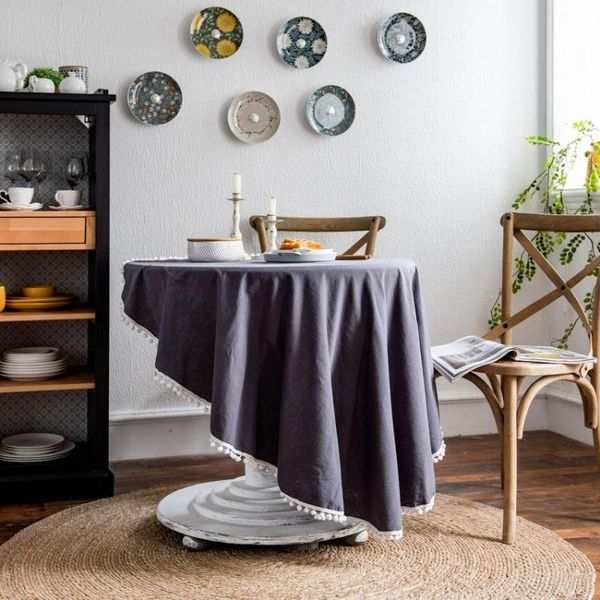 

table cloth pure cotton round solid color with tassel dustproof simple modern deskcover household decor for dining