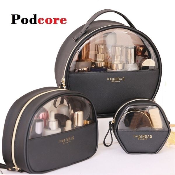 

fashion cosmetic bag pu leather transparent bags women beautician small 211028