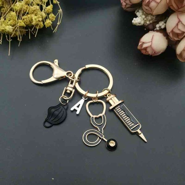 

a-z letters, new design keychain doctor medical tool stethoscope syringe face mask key ring nurse medical gift keychain souvenir, Silver