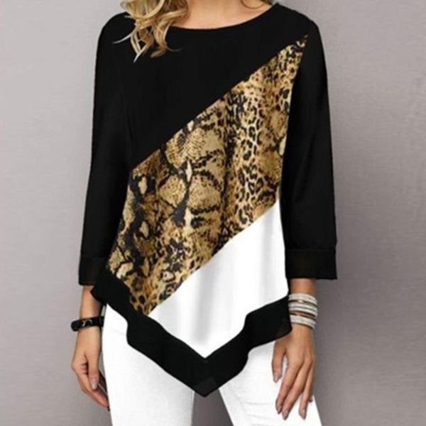 

women's t-shirt women t shirt o-neck 3/4 sleeve spring autumn leopard snakeskin printed casual irregular tee, White