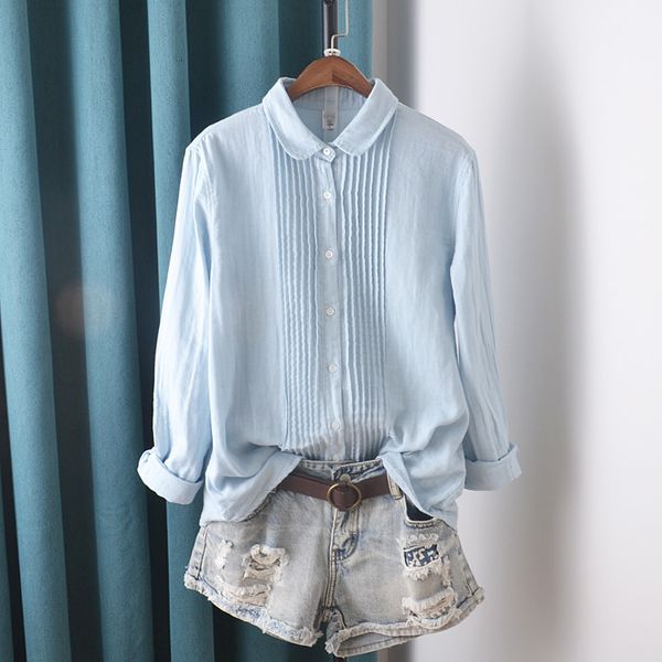 

women's blouses & shirts lamtrip brief solid pleated peter pan collar long sleeve casual shirt blouse vintage 2021 spring 8kfy, White