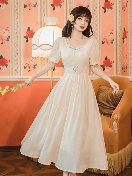 

party dresses dandelion girl summer french elegant puff sleeve temperament embroidered square neck fairy dress gentle wind robe femme, White;black
