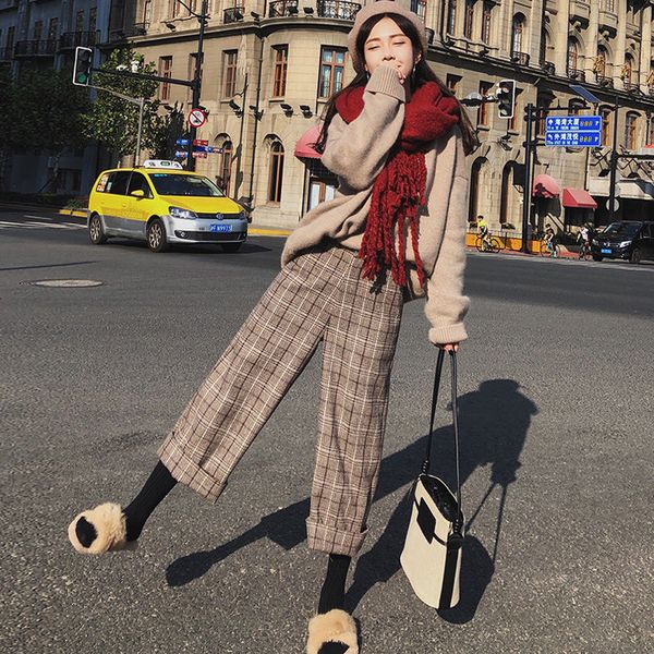 

skirts women's wide-leg pants woolen plaid winter korean style casual high waist straight-leg ankle-length capris england naml, Black