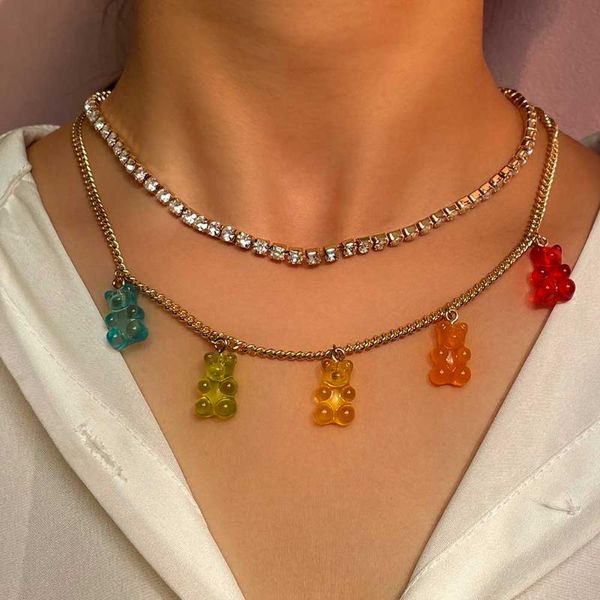 

chains candy color jelly gummy bear choker crystal tennis chain necklace for women double layered clavicle jewelry femme bijoux, Silver