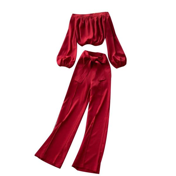 

women's tracksuits spring and autumn ladies temperament suit, one-shoulder folds, thin blouse lace-up high-waist wide-leg pants, Gray