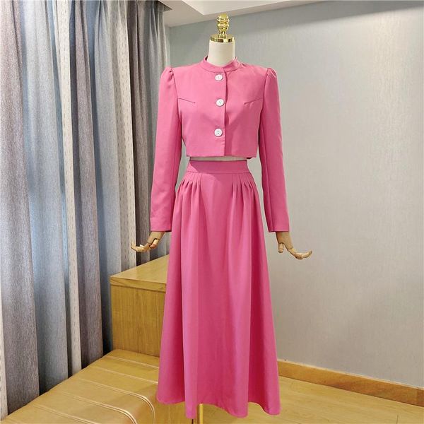 

women's tracksuits korean pink sweet spring autumn 2021 fashion high-waist jacket + pleated long skirt two-piece suit tz614, Gray