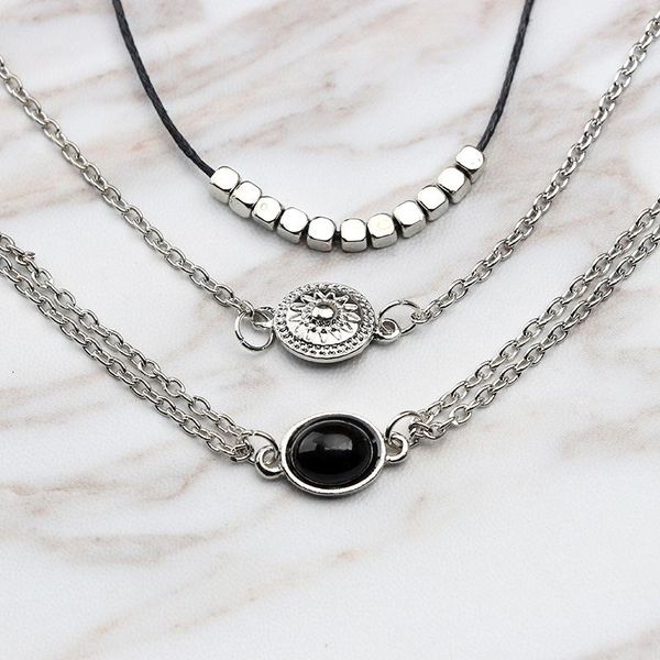 

chokers ethnic antique silver chain necklace black opal stone choker necklaces bohemian multi layer bead bijoux women, Golden;silver