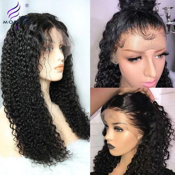 

modern show 13*4 curly human hair wigs with baby bleached knots brazilian remy lace front wig preplucked 150 density1, Black;brown