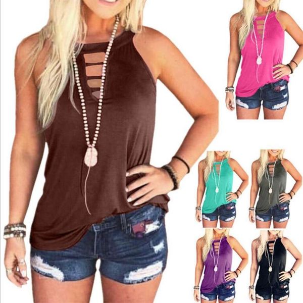 

women sleeveless o-neck halter tank hollow out solid color loose vest e56c women's tanks & camis, White