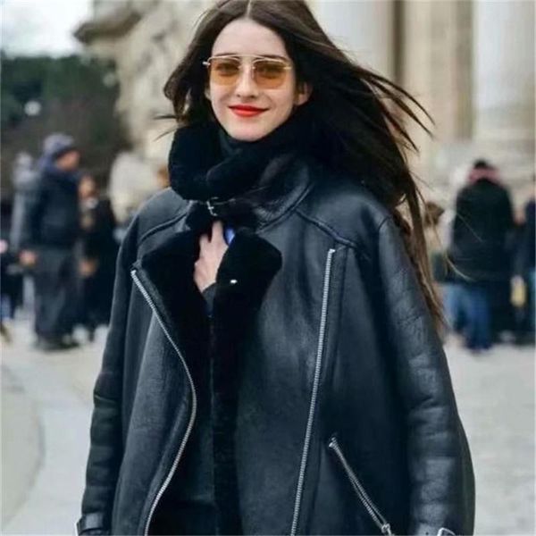 

women's leather & faux 2021 winter women clothing trend pu keep warm thick motorcycle jacket solid color zipper street hipster ladies, Black