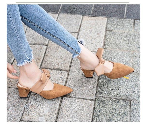 

slippers outside med square heel women closed toe shallow butterfly-knot slides spring autumm solid shoes, Black