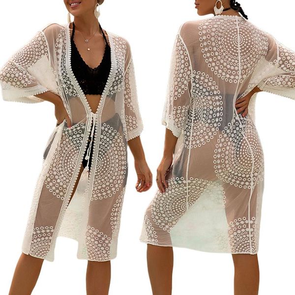 

women's swimwear 2021 fashion swimsuit cover ups, long sleeve open front sheer lace trim crochet flowy kimono, White;black