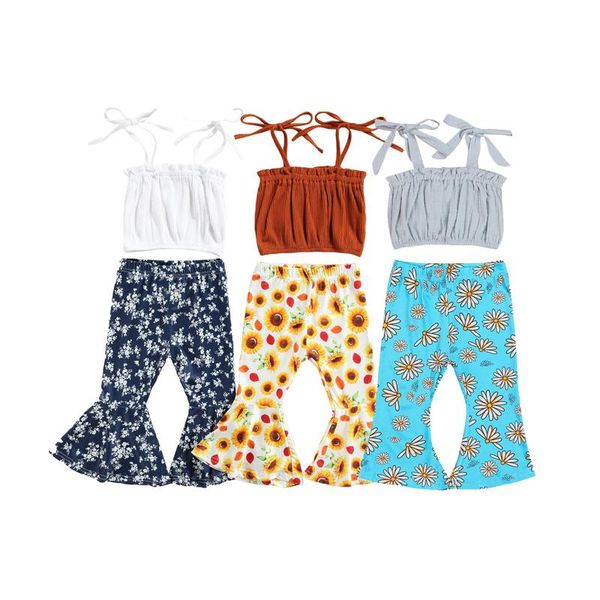 

clothing sets 1-6y summer fashion kids girls clothes 2pcs bandage sleeveless tanks +flowers print flare pants holiday casual outfits, White