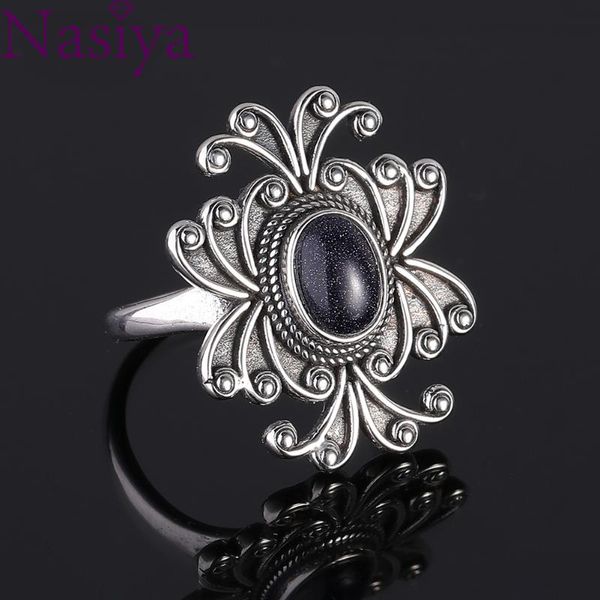

cluster rings nasiya vintage style with blue sandstone for women 925 sterling silver gemstone jewelry party wedding birthday gift, Golden;silver