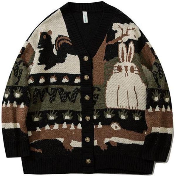 

men's sweaters vintage cardigan oversized sweater japanese harajuku cartoon knitted pullover hip hop streetwear loose knitwear, White;black