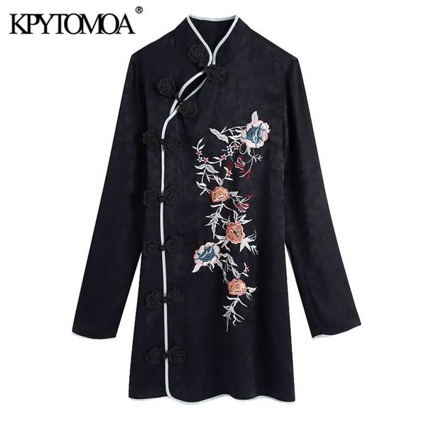 

women fashion floral embroidery jacquard mini dress vintage high neck long sleeve female dresses vestidos mujer 210420, Black;gray