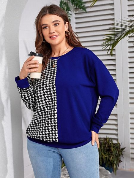 

plus houndstooth drop shoulder sweatshirt 49ee#, Black