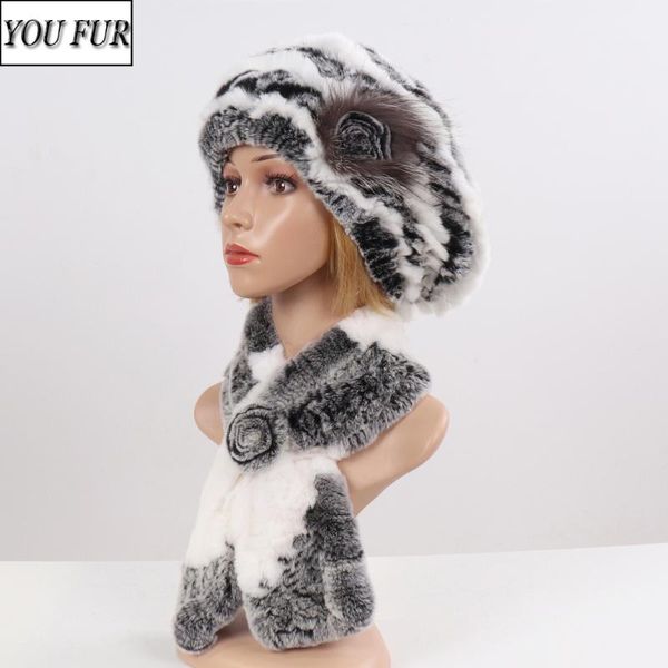 

hats, scarves & gloves sets 2021 winter rex fur hats women fashion 100% genuine knit caps lady warm real hat muffler, Blue;gray