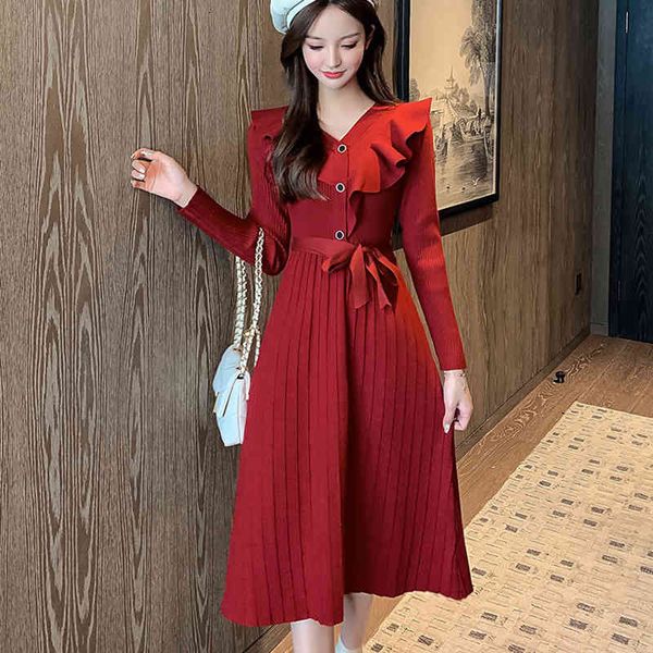 

casual dresses ruffles patchwork slim knit mid-length women elegant long sleeve lace up high waist elastic pleated party dress fem, Black;gray