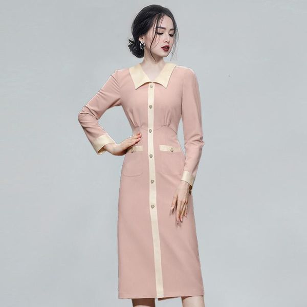

casual dresses 2021 autumn winter formal dress elegant pink long sleeve single breasted slim midi party, Black;gray