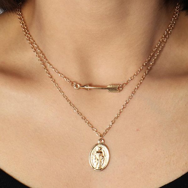 

selling gold silver color long arrow madonna statue chain necklaces & pendants for women summer diy double layer jewelry chokers, Golden;silver