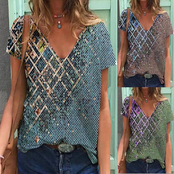 

2021 new tie dye geometric print v-neck short sleeve t-shirt, White