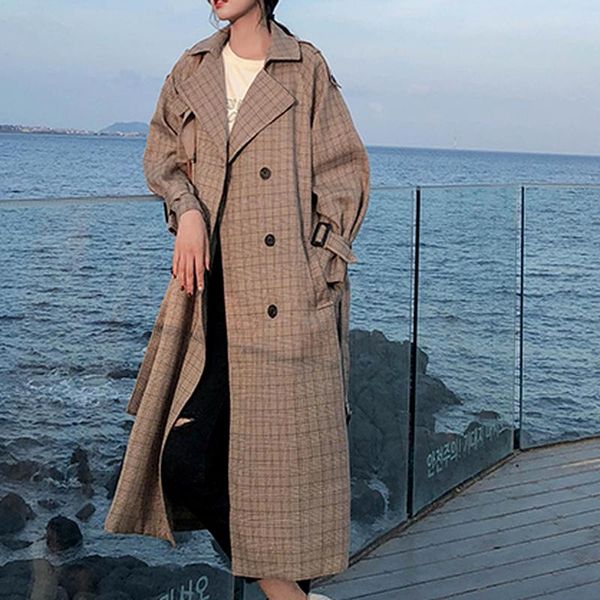 

women's trench coats ladies plaid long double breasted belted duster coat outerwear with storm flaps oversize loose women korean style, Tan;black