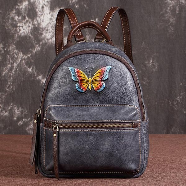 

backpack luxury vintage genuine leather blue women butterfly zipper thread shopping bag gift ladies casual backpacks bags