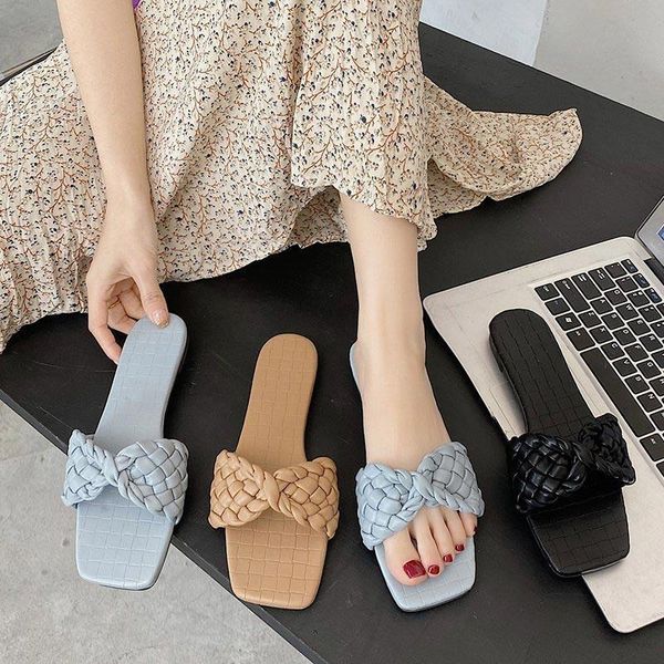

slippers 2021fashion women weave leather sandals open toe flat shoes ladies casual slides summer outdoor beach female flip flops, Black