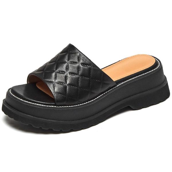 

slippers genuine leather female summer shoes for women wedge comfortable sandals platform beach ladies 2021 mules, Black