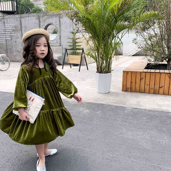 Baby Mädchen Kleid Frühling Kinder Gold Samt Kleidung Kleinkind Avocado Grün 1-8Yrs Prinzessin es 210429