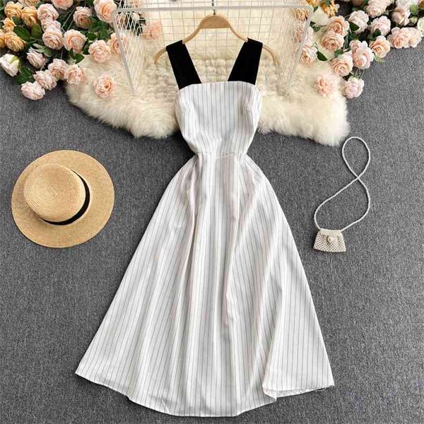 

summer fashion temperament vestidos female hollow backless hit color sling v-neck slim striped holiday midi dress gl053 210506, Black;gray
