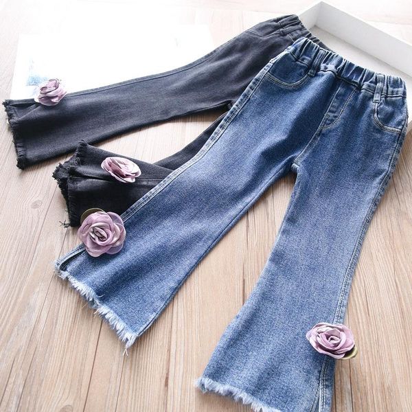 

trousers 2021autumn baby girls flower denim pants wholesale, Blue