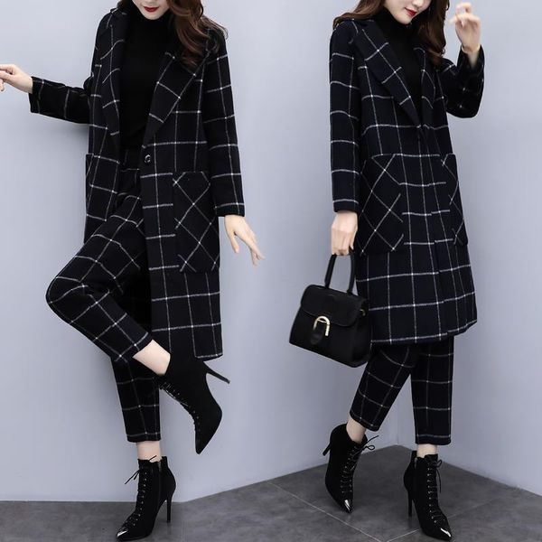 

spring wool two piece sets outfits women plus size long blazer jacket and pants elegant black plaid office ladies trouser suits women's, White