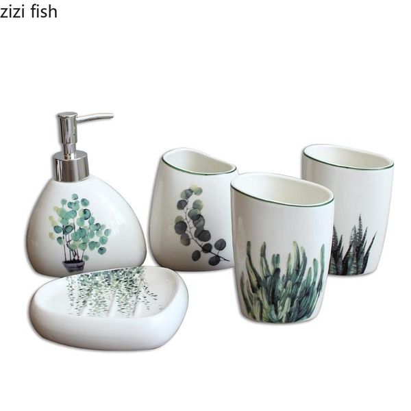 

bath accessory set green plant ceramic bathroom sets home el shower gel hand washing jar decoration accessories 5pcs