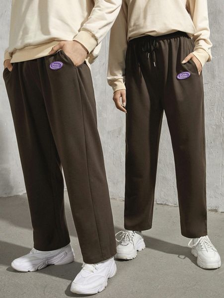 

1pc letter patch detail drawstring waist sweatpants z7du#, Black