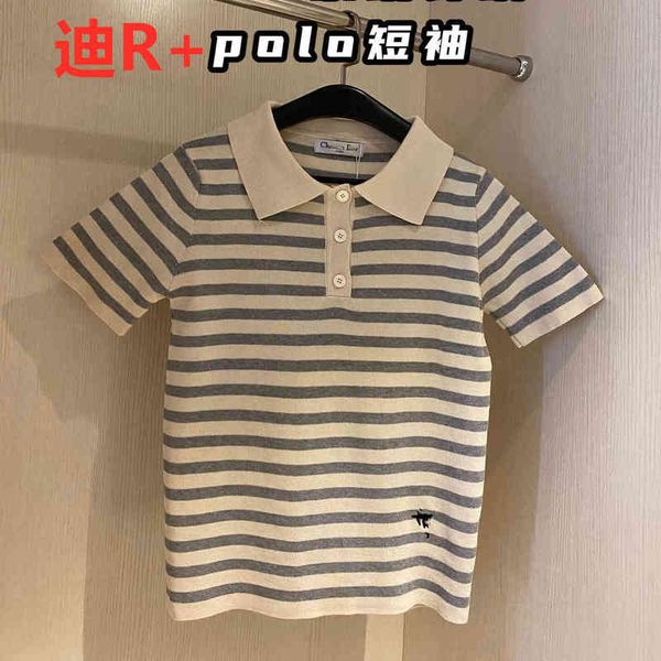 

2022 factory wholesale new fashion r home summer striped knitted polo shirt elegant breathable women's lapel short sleeve t-shirt, White
