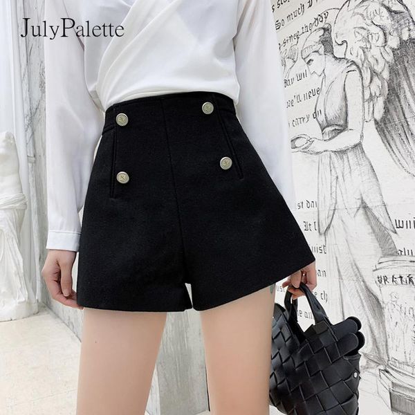 

julypalette 2021 autumn winter black shorts women woolen double-breasted high waist wide-leg boot pants ladies women's, White;black