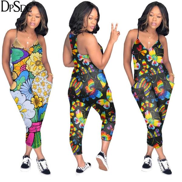 

women's jumpsuits & rompers dpsde 2021 fashion summer casual holiday style sleeveless condole belt pockets printed long pants, Black;white
