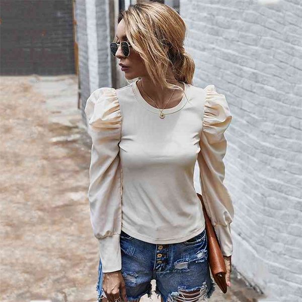 

puff sleeve blouse shirt women spring autumn knitted sweater casual elegant office lady 210427, White