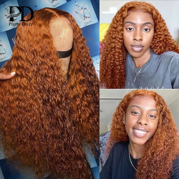 

ombre ginger color water wave curly wig remy lace front human hair wigs highlight deep brown 1b/30 frontal black women, Black;brown