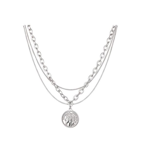 

pendant necklaces female multilayer stainless steel necklace for women ins tide hip hop coldness style chain accessories (n002), Silver
