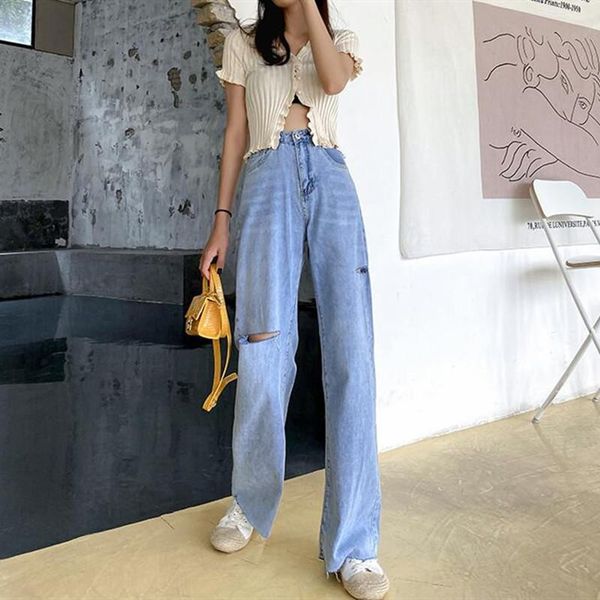 

women's jeans woman ripped clothes high waisted summer streetwear baggy wide leg vintage fashion stretch harajuku straight pants, Blue