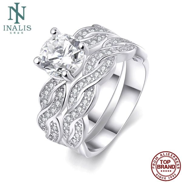 

cluster rings inalis white romantic round luxurious for women 5a clear cubic zircon female copper ring wedding fashion jewelry, Golden;silver